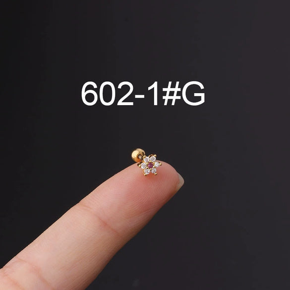 Metal Ear Bone Nail Set With Color Zircon Screw Ball Fine Needle Electroplated Flowers Piercing Earrings
