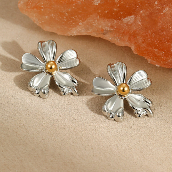 Metal Earrings Stainless Steel Big Flower Electroplated Design Women's