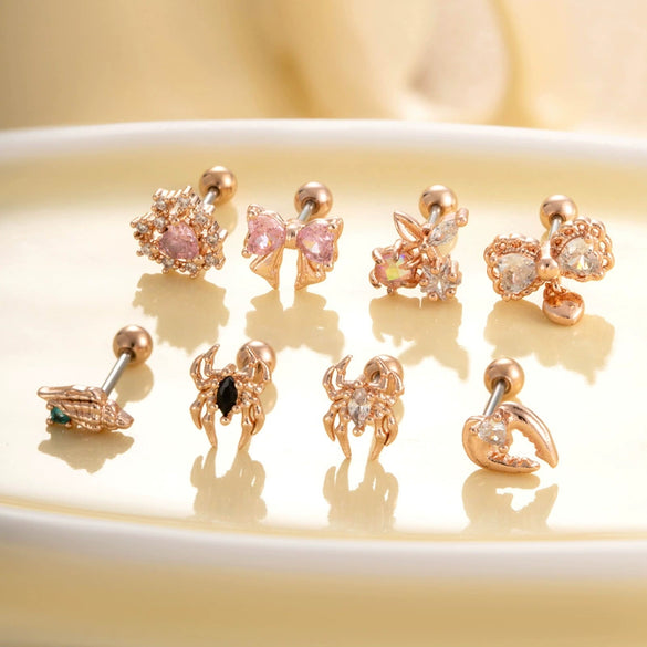 Metal Electroplated Love Bow Spider Conch Flower Style Women's Niche Earrings With Copper Inlaid Zircon