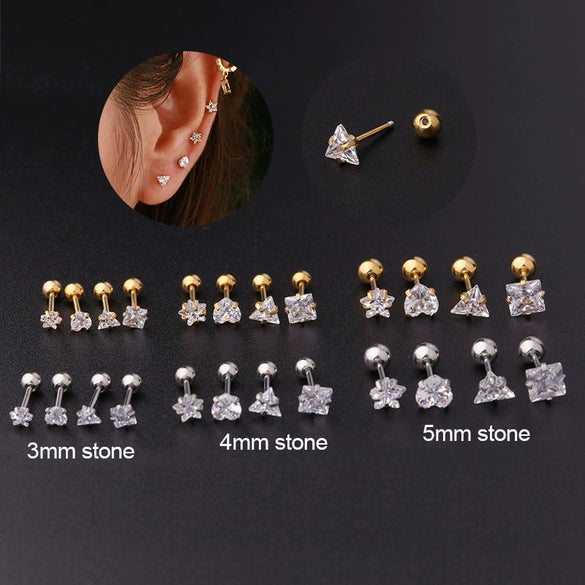 Metal Electroplating Geometric Fivepointed Star Heart Triangle Square Zircon Piercing Earrings For Women