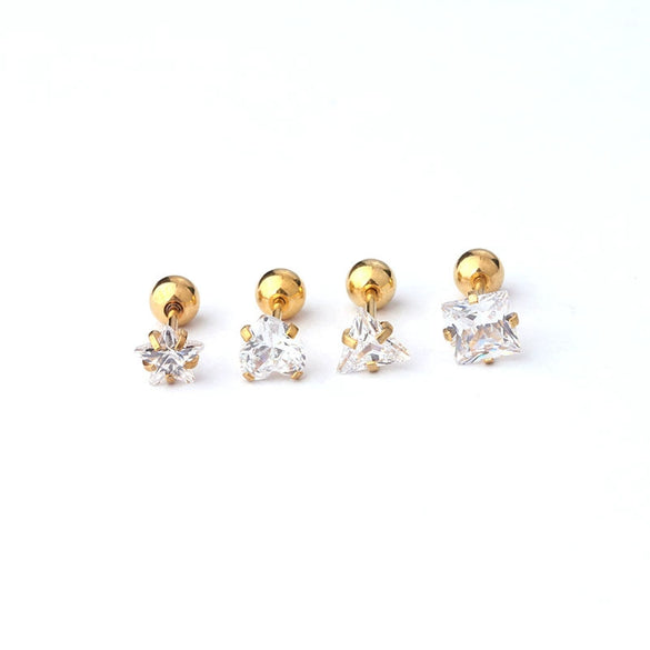 Metal Electroplating Geometric Fivepointed Star Heart Triangle Square Zircon Piercing Earrings For Women