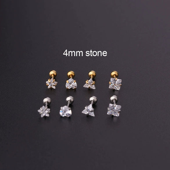 Metal Electroplating Geometric Fivepointed Star Heart Triangle Square Zircon Piercing Earrings For Women
