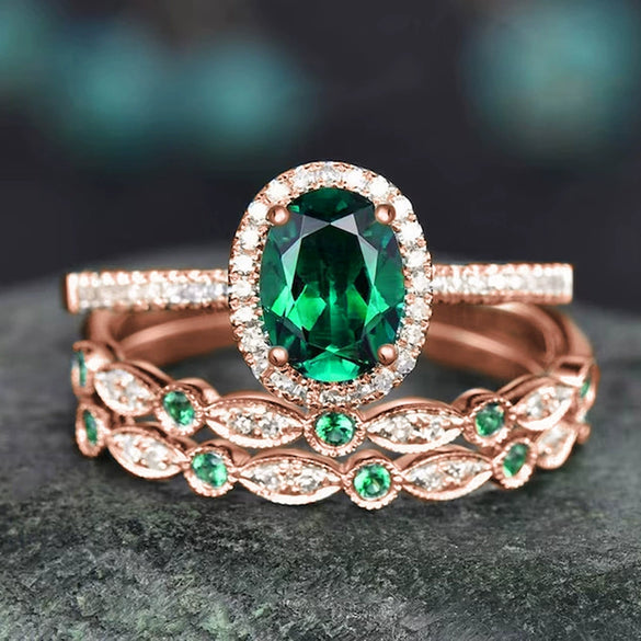 Metal Electroplating Geometric Oval Lady Ring Three Piece Set Copper Zirconia