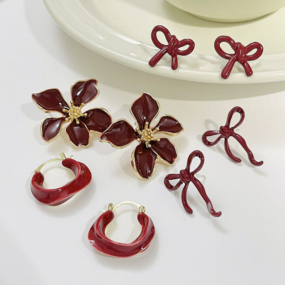 Metal Flower Bow Geometric Earrings With Electroplating For Women
