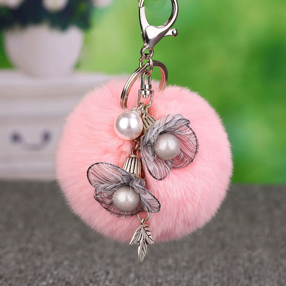 Metal Flower Female Plush Keychain Creative Bag Pendant