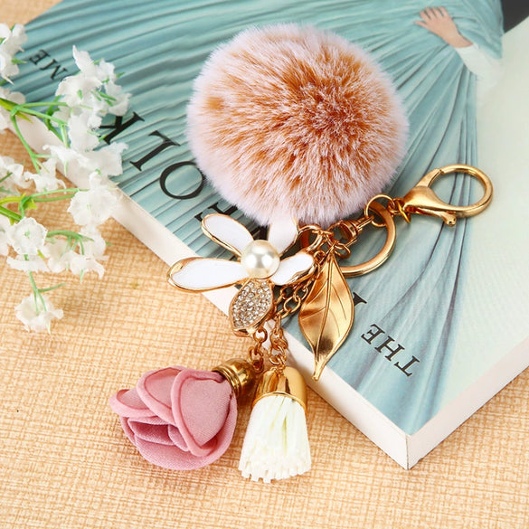 Metal Flower Keychain For Female Plush Cute Creative Bag Pendant