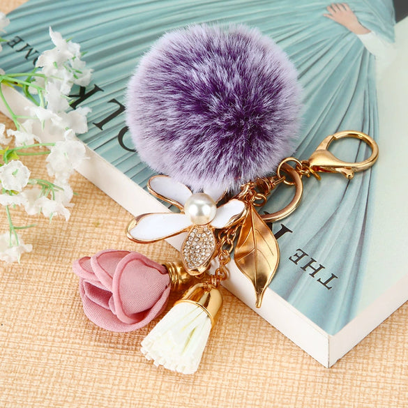 Metal Flower Keychain For Female Plush Cute Creative Bag Pendant