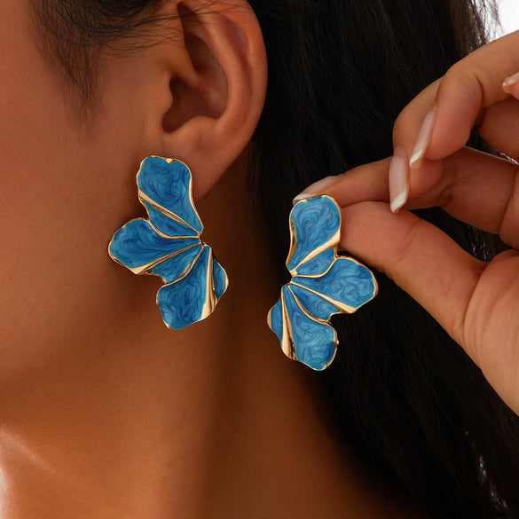 Metal Flower Petal Drop Earrings For Women With Electroplating Treatment