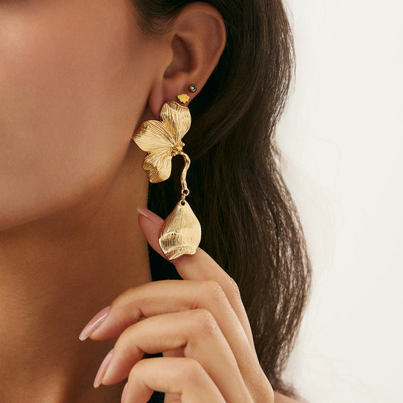 Metal Flower Petal Earrings For Women Niche Style Electroplating