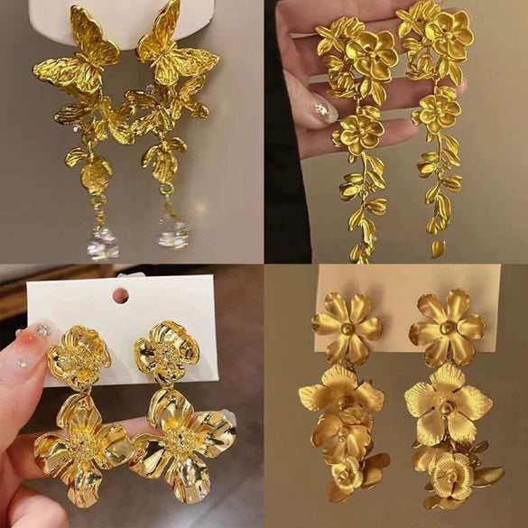 Metal Flower Tassel Earrings For Women Electroplated Light Luxury Style
