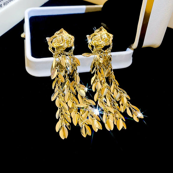 Metal Flower Tassel Earrings For Women Electroplated Light Luxury Style
