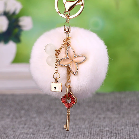 Metal Four Leaf Clover Car Keychain For Female As Plush Creative Bag Pendant