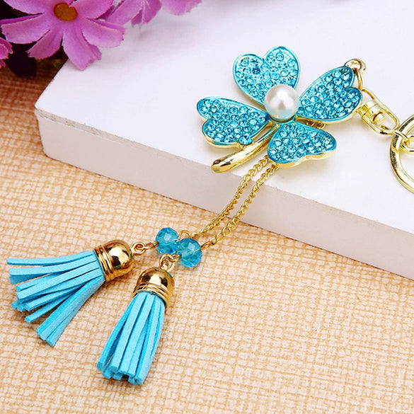 Metal Four Leaf Clover Rhinestone Keychain For Women