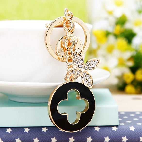 Metal Four Leaf Clover Rhinestone Keychain For Women