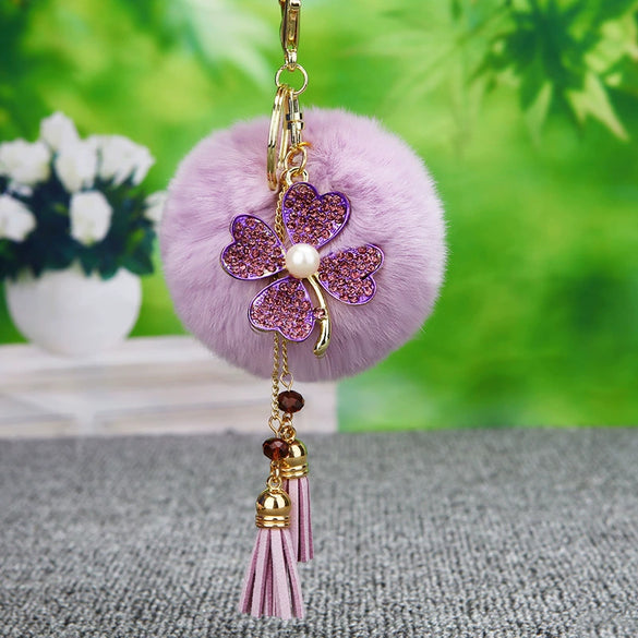 Metal Fourleaf Clover Car Key Chain And Velvet Bag Pendant For Women Suitable As Gifts