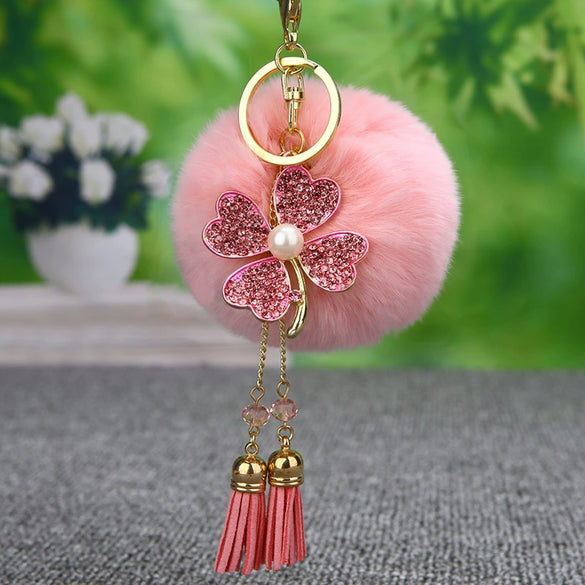 Metal Fourleaf Clover Car Key Chain And Velvet Bag Pendant For Women Suitable As Gifts