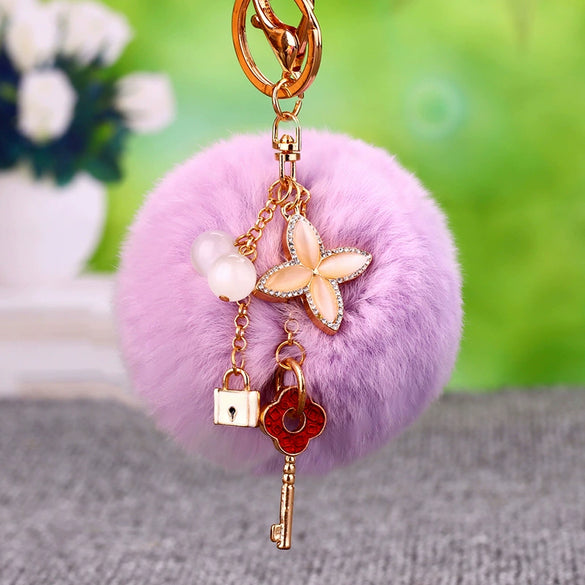 Metal Fourleaf Clover Car Key Chain And Velvet Bag Pendant For Women Suitable As Gifts