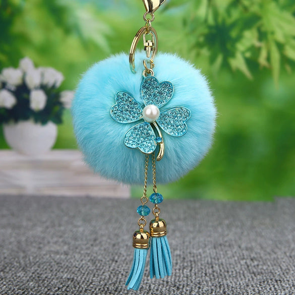 Metal Fourleaf Clover Car Key Chain And Velvet Bag Pendant For Women Suitable As Gifts