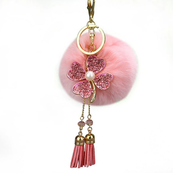 Metal Fourleaf Clover Car Key Chain And Velvet Bag Pendant For Women Suitable As Gifts