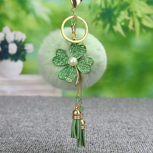 Metal Fourleaf Clover Car Key Chain And Velvet Bag Pendant For Women Suitable As Gifts