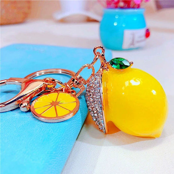 Metal Fruit Lemon Rhinestone Keychain For Female Cute Creative Bag Pendant Gift