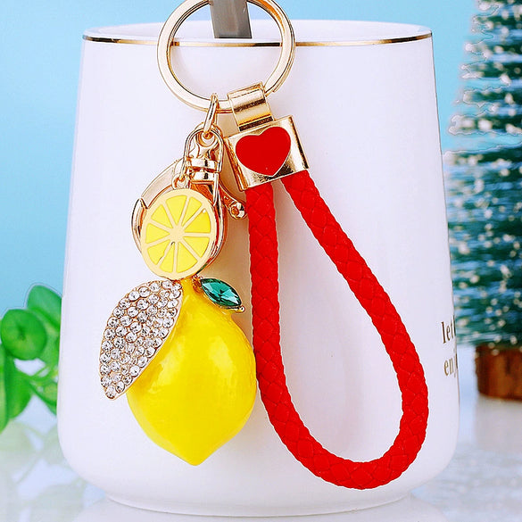 Metal Fruit Lemon Rhinestone Keychain For Female Cute Creative Bag Pendant Gift