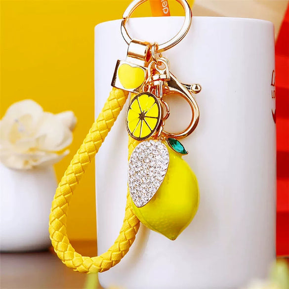Metal Fruit Lemon Rhinestone Keychain For Female Cute Creative Bag Pendant Gift