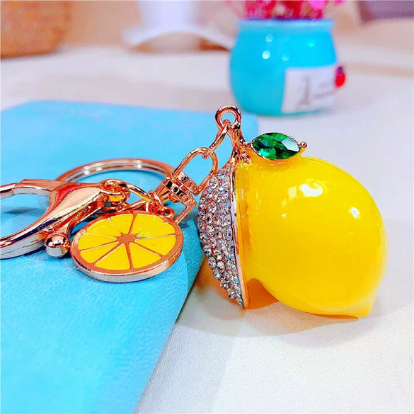 Metal Fruit Lemon Rhinestone Keychain For Female Cute Creative Bag Pendant Gift
