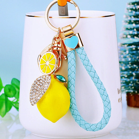 Metal Fruit Lemon Rhinestone Keychain For Female Cute Creative Bag Pendant Gift