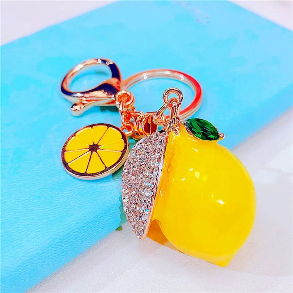 Metal Fruit Lemon Rhinestone Keychain For Female Cute Creative Bag Pendant Gift
