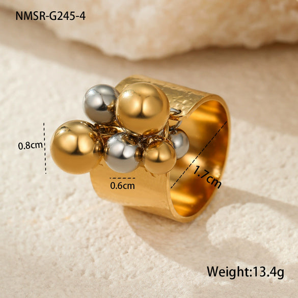 Metal Geometric Ball Stainless Steel Ring And Earrings With 18K Gold Plated Light Luxury Style