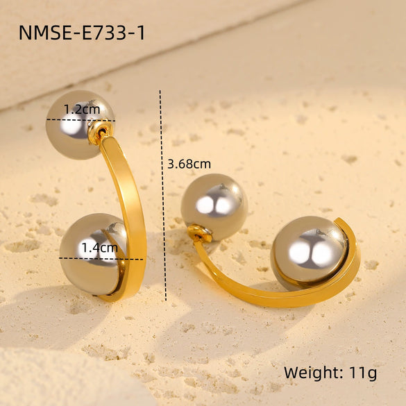 Metal Geometric Ball Stainless Steel Ring And Earrings With 18K Gold Plated Light Luxury Style
