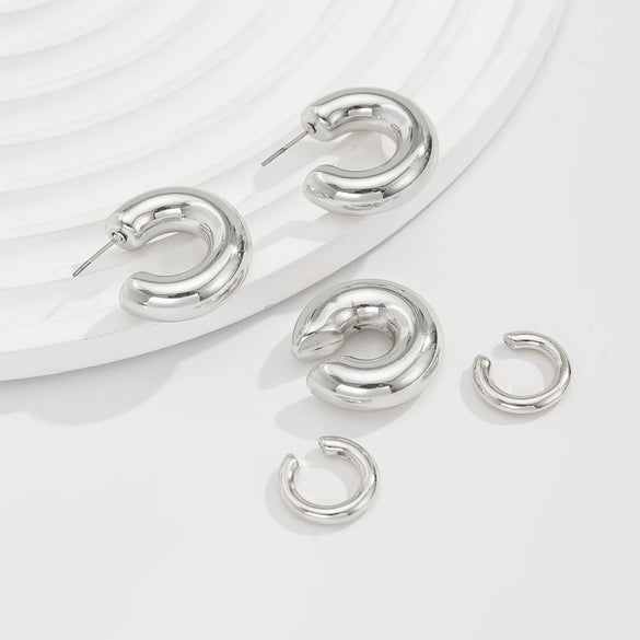 Metal Geometric Cshaped Electroplated Women's Ear Clip And Ear Nail Set