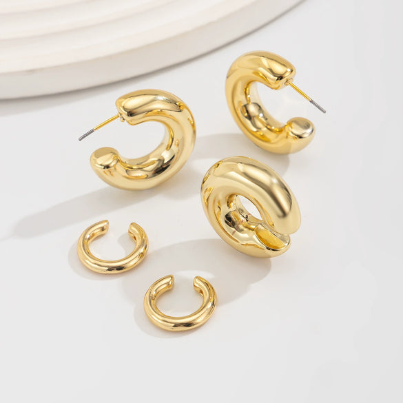 Metal Geometric Cshaped Electroplated Women's Ear Clip And Ear Nail Set