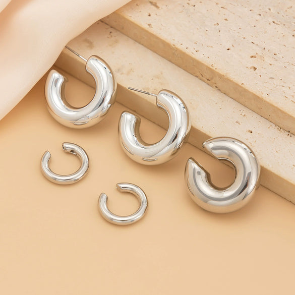 Metal Geometric Cshaped Electroplated Women's Ear Clip And Ear Nail Set