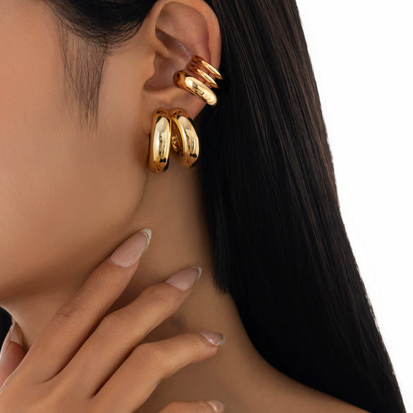 Metal Geometric Cshaped Electroplated Women's Ear Clip And Ear Nail Set