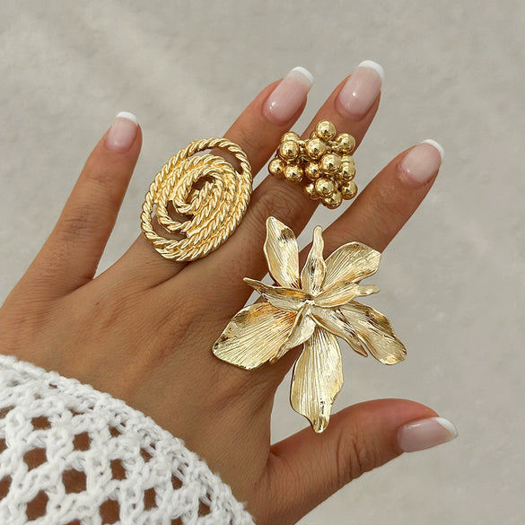 Metal Geometric Fivepetal Flower Stereo Open Winding Ring Electroplated Ins Style For Women