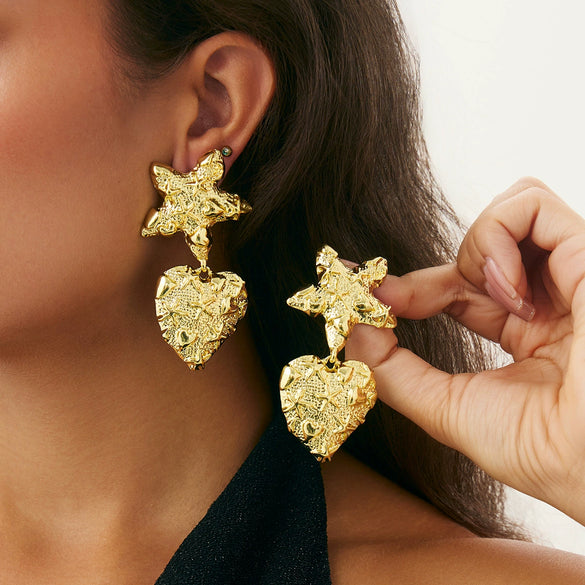 Metal Geometric Heart Flower Earrings For Women With Electroplating Style