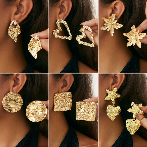 Metal Geometric Heart Flower Earrings For Women With Electroplating Style
