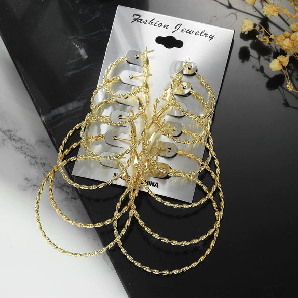 Metal Geometric Hoop Earrings Set Fashion Stylish Exaggerated Electroplated For Women