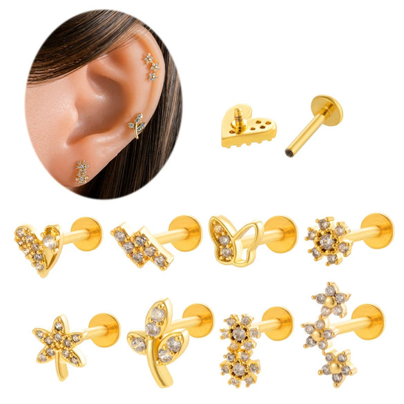 Metal Geometric Inner Tooth Thread Flat Bottom Rod Butterfly Flower Lip Nail Ear Bone Nail Puncture Jewelry For Women With Electroplating Treatment