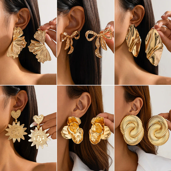 Metal Geometric Irregular Pleated Flower Bow Earrings Electroplated