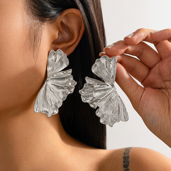 Metal Geometric Irregular Pleated Flower Bow Earrings Electroplated