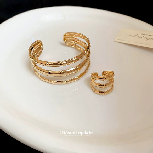 Metal Geometric Pattern Three Layer Open Bracelet For Women With Electroplating Design