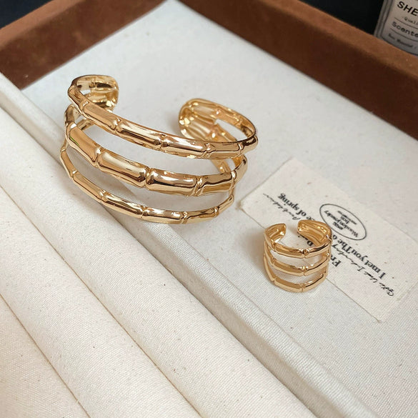 Metal Geometric Pattern Three Layer Open Bracelet For Women With Electroplating Design