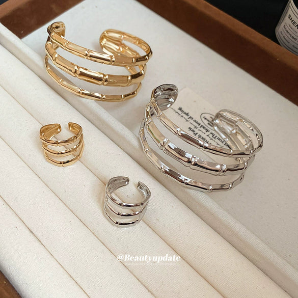 Metal Geometric Pattern Three Layer Open Bracelet For Women With Electroplating Design