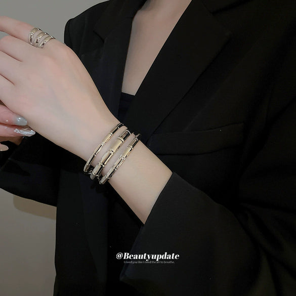 Metal Geometric Pattern Three Layer Open Bracelet For Women With Electroplating Design
