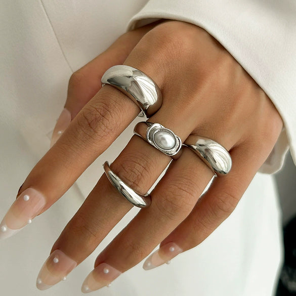 Metal Geometric Personality Stacked Ring Bracelet For Women With Electroplating And Imitation Pearls