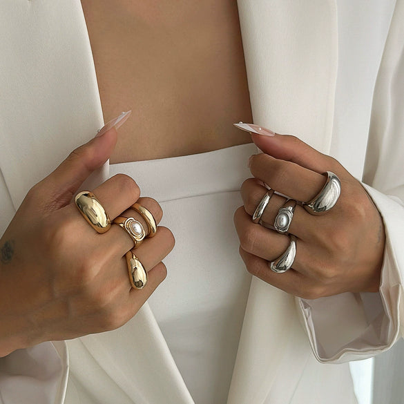 Metal Geometric Personality Stacked Ring Bracelet For Women With Electroplating And Imitation Pearls