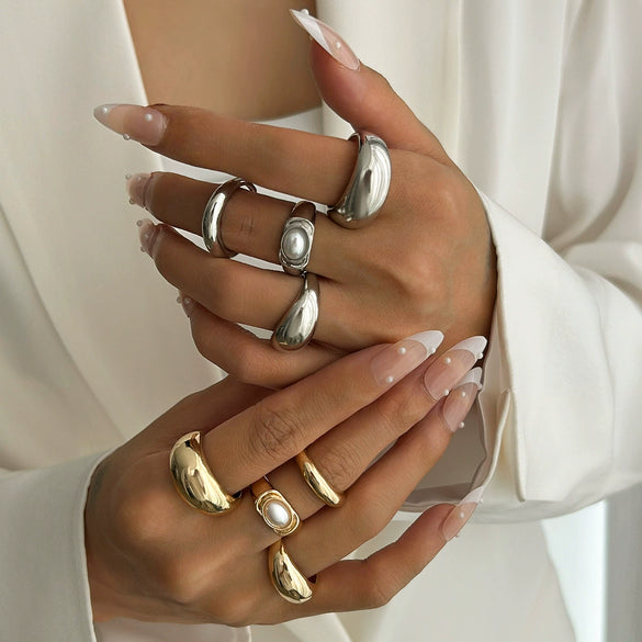 Metal Geometric Personality Stacked Ring Bracelet For Women With Electroplating And Imitation Pearls